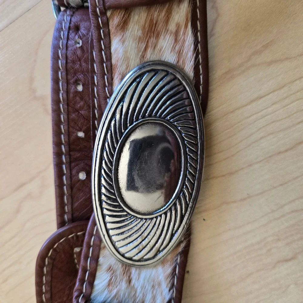 Western Calf Hair Faux‎ Leather Belt with Pouches Tan White Silver Buckle 32in